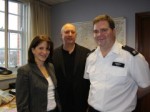 Lynne Featherstone and Cllr Martin Newton with acting Borough Commander Chris Barclay