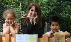Lynne Featherstone MP with two school children in the Sensory Garden at St Paul’s Primary School in Haringey