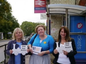 Lynne Featherstone MP with Dawn Barnes and Councillor Gail Engert, campaigning for step free access at Alexandra Palace Station