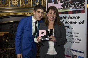 Lynne Featherstone MP accepts her award from Ben Cohen, Chief Executive and Founder of Pink News. 