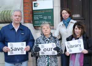  Lynne Featherstone MP, Lib Dem councillors Gail Engert, Pippa Connor and Viv Ross, protesting outside the library in Muswell Hill